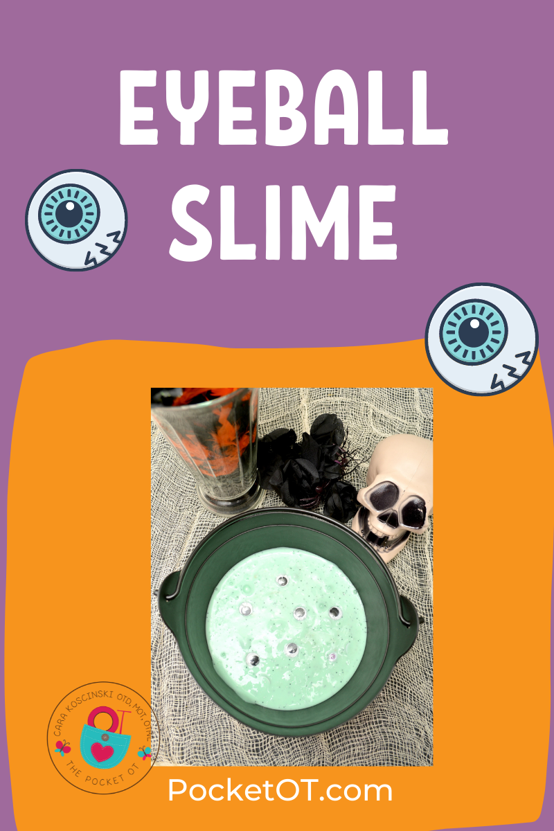 Light green slime in a kettle with google eyeballs